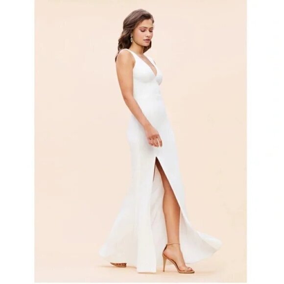 DRESS THE POPULATION Sandra Plunge Crepe Trumpet Gown in Off White Size Small - Picture 4 of 14